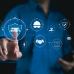 Work Safety and Compliance Concept, Safety First, A person with work safety and compliance icons, including a shield, hard hat, checklist, workplace safety, health protocols, and regulatory compliance