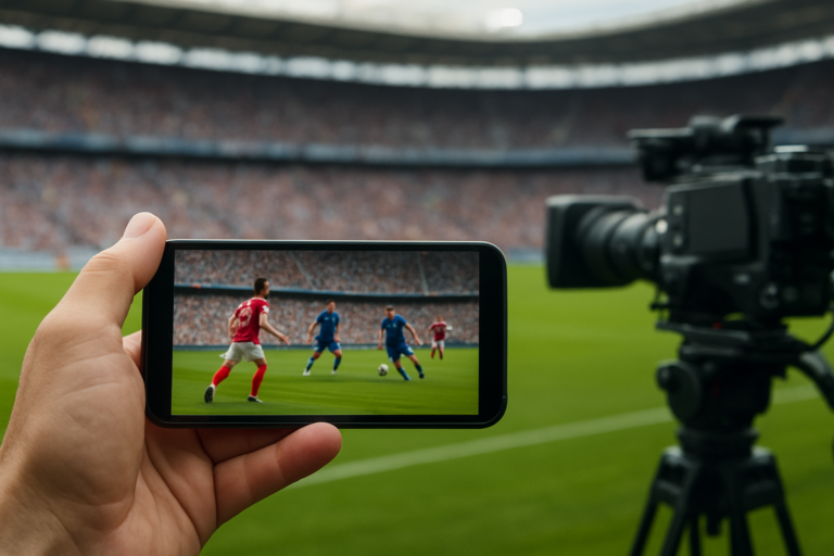 A hand holding a smartphone displaying a soccer game, with a stadium filled with fans in the background.