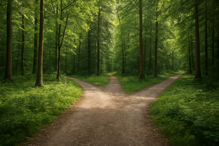 A fork in the road surrounded by lush green trees, symbolizing choices and decisions.